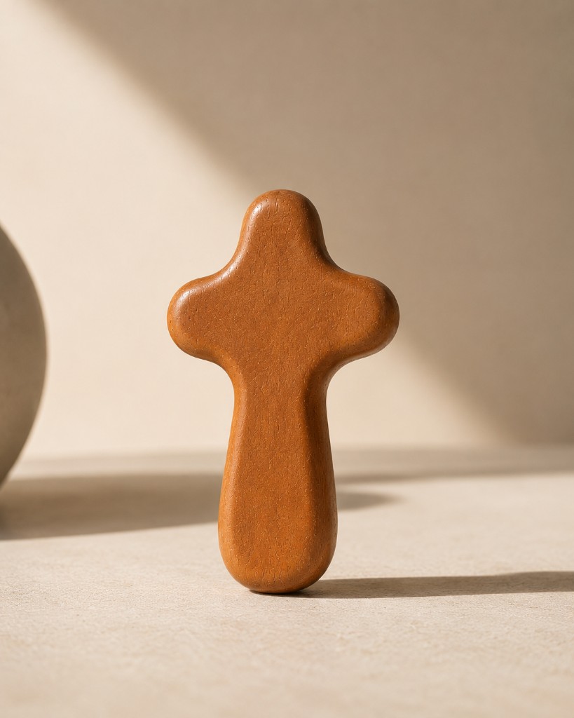 Mini eco-wood cross with smooth rounded edges, handcrafted from natural wood grain